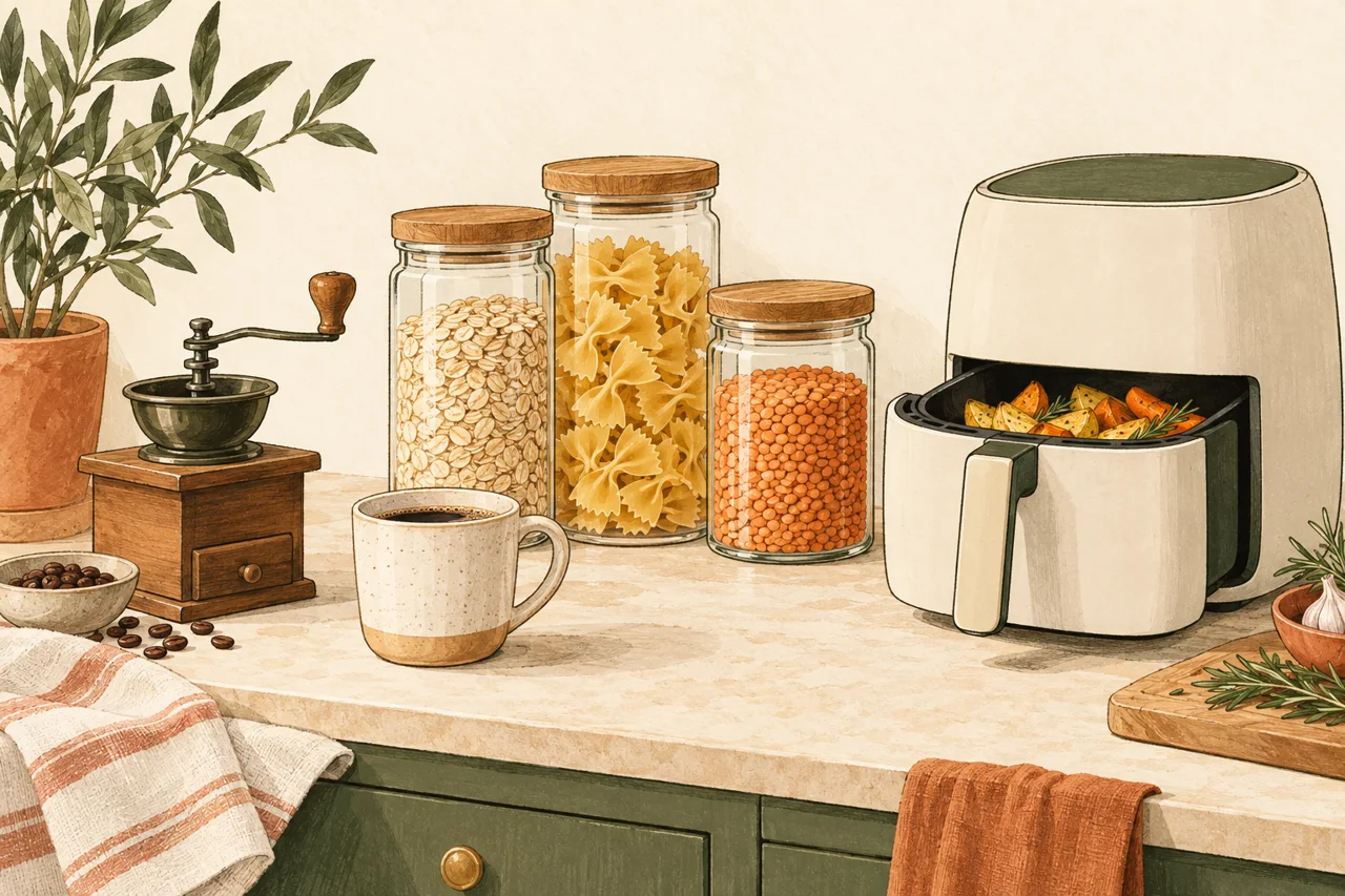 Illustration mit Kaffeemühle, Vorratsgläsern und Heißluftfritteuse